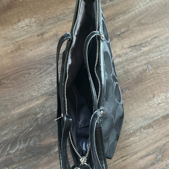 Coach Black Sequin Shiny Logo Duffle Tote Shoulder Bag Signature C Monogram - Picture 2 of 7